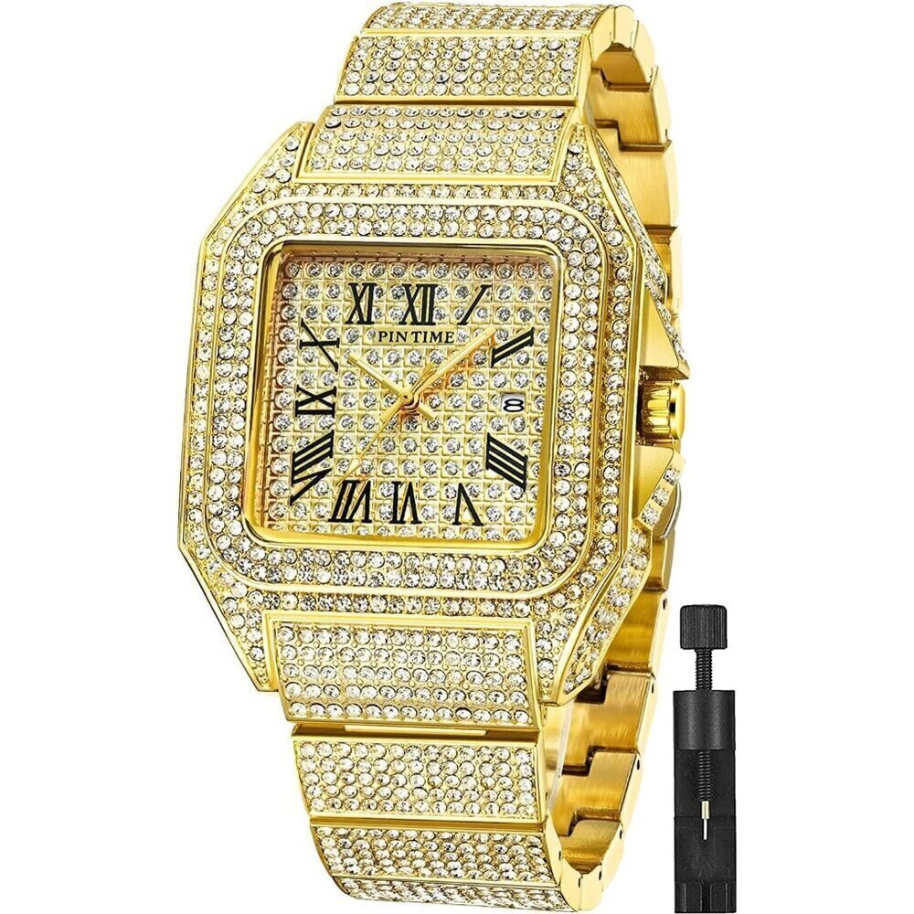 🆕Gosasa Analog Quartz Men Gold Fashion Hip Hop Crystal Stainless Bracelet Watch